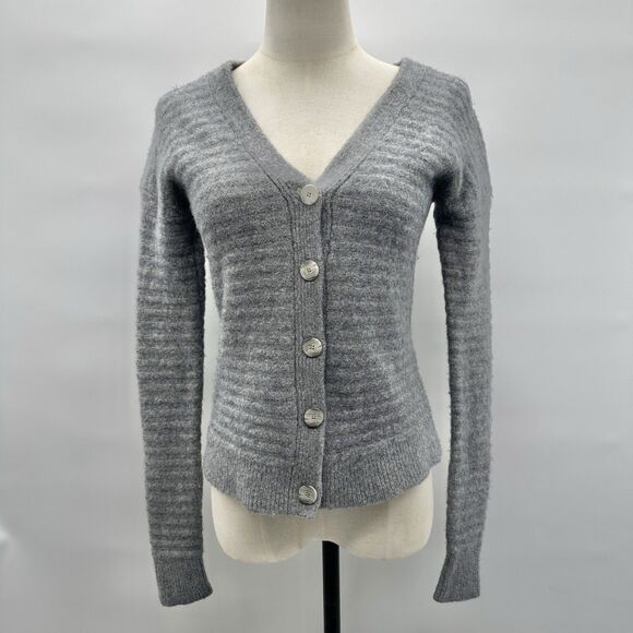 Theory Womens Cardigan Merino Wool Yak S Button Up Sweater Paramour Gray Ribbed - Picture 1 of 12